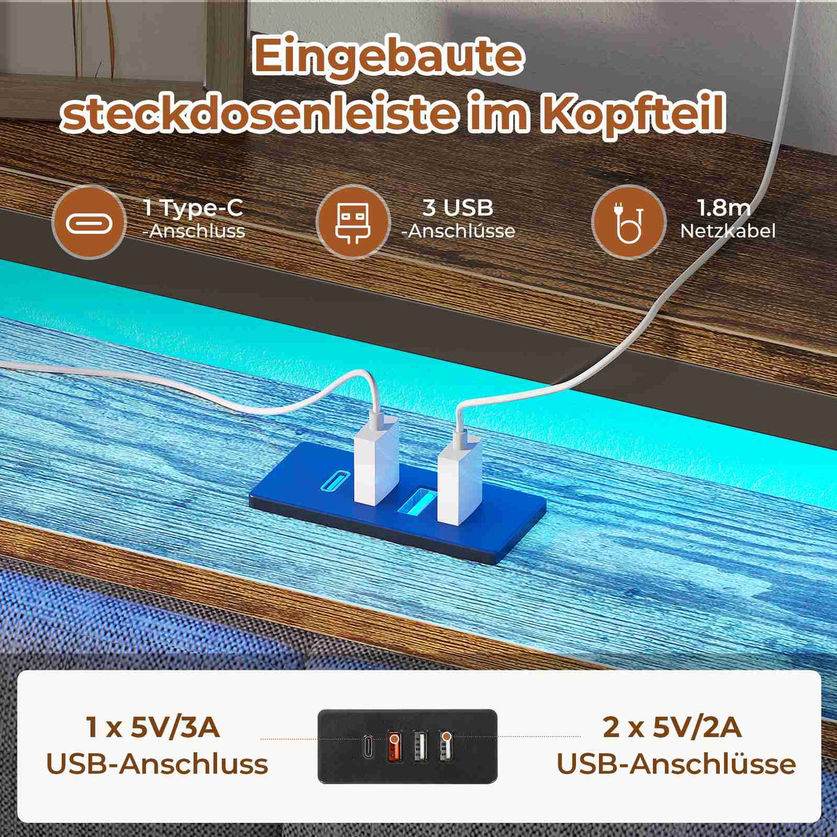 AOGLLATI Polsterbett 140x200 mit Lattenrost aus Metall Bettgestell mit LED-Beleuchtung und Steckdosen Bett mit Stauraum MetallBett mit USB-Anschlüssen