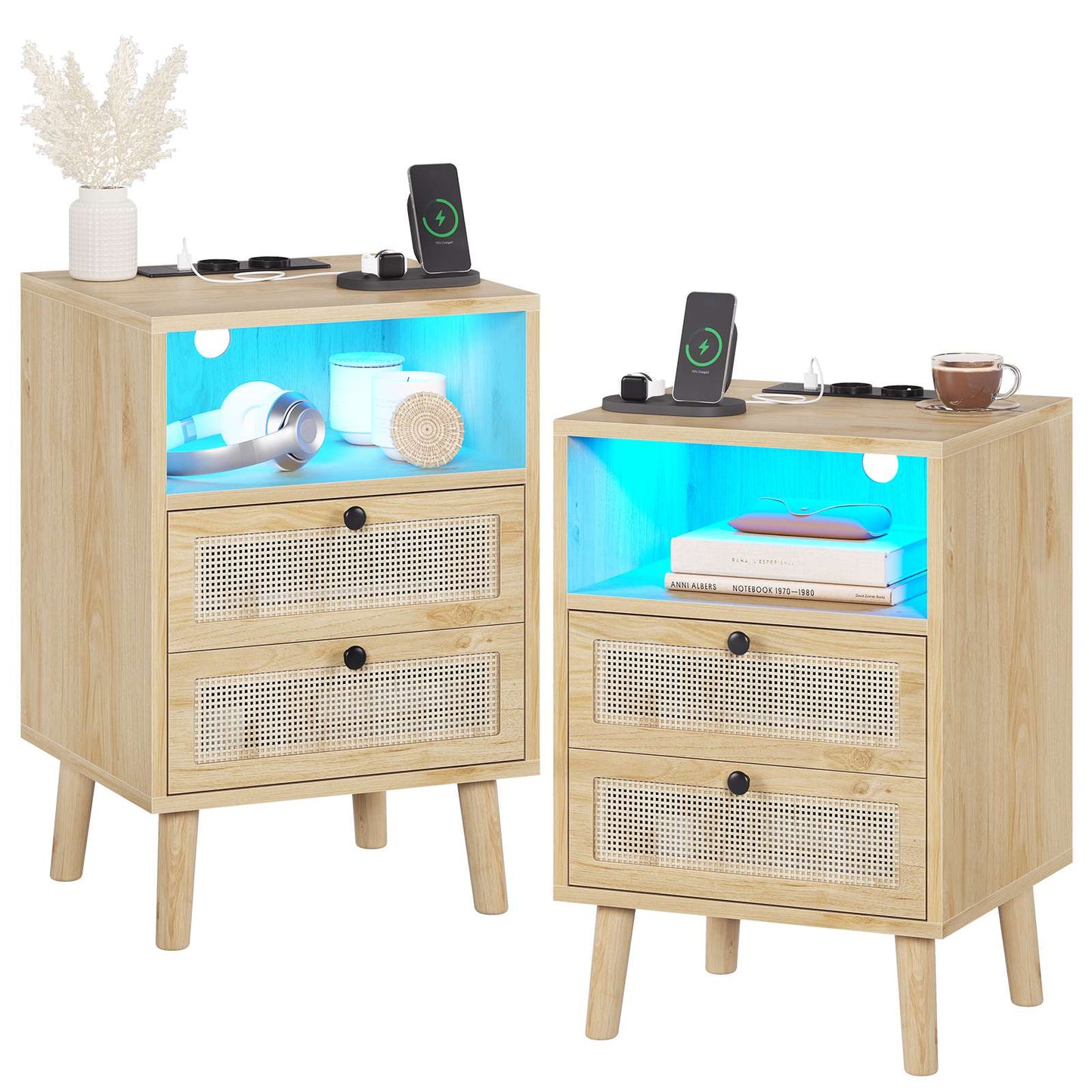 AOGLLATI 1er Set Rattan Nachttisch mit USB-Ladestation & LED-Beleuchtung Nachtschrank mit Steckdose Beistelltisch mit 2 Schublade