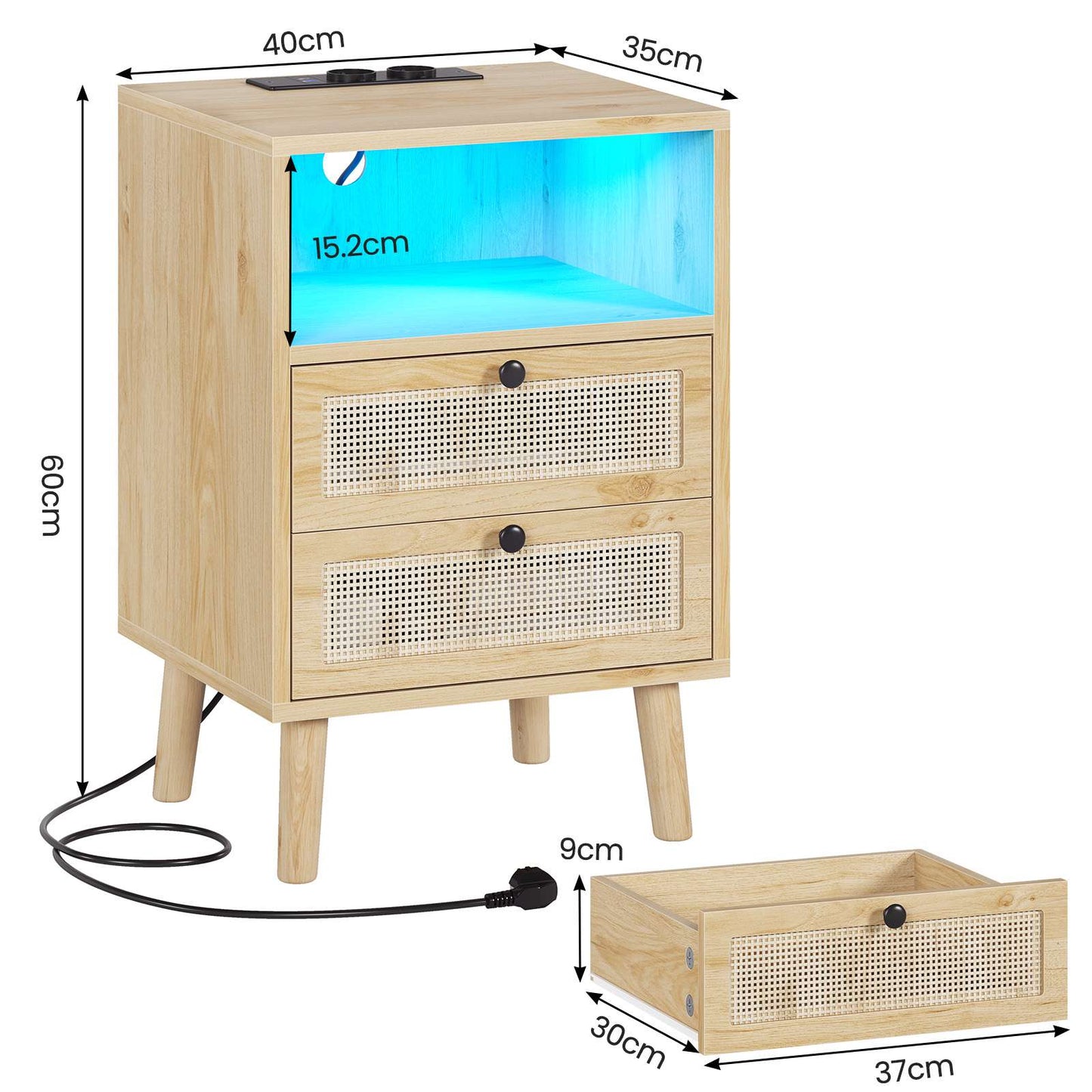 AOGLLATI 1er Set Rattan Nachttisch mit USB-Ladestation & LED-Beleuchtung Nachtschrank mit Steckdose Beistelltisch mit 2 Schublade