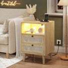 AOGLLATI 1er Set Rattan Nachttisch mit USB-Ladestation & LED-Beleuchtung Nachtschrank mit Steckdose Beistelltisch mit 2 Schublade