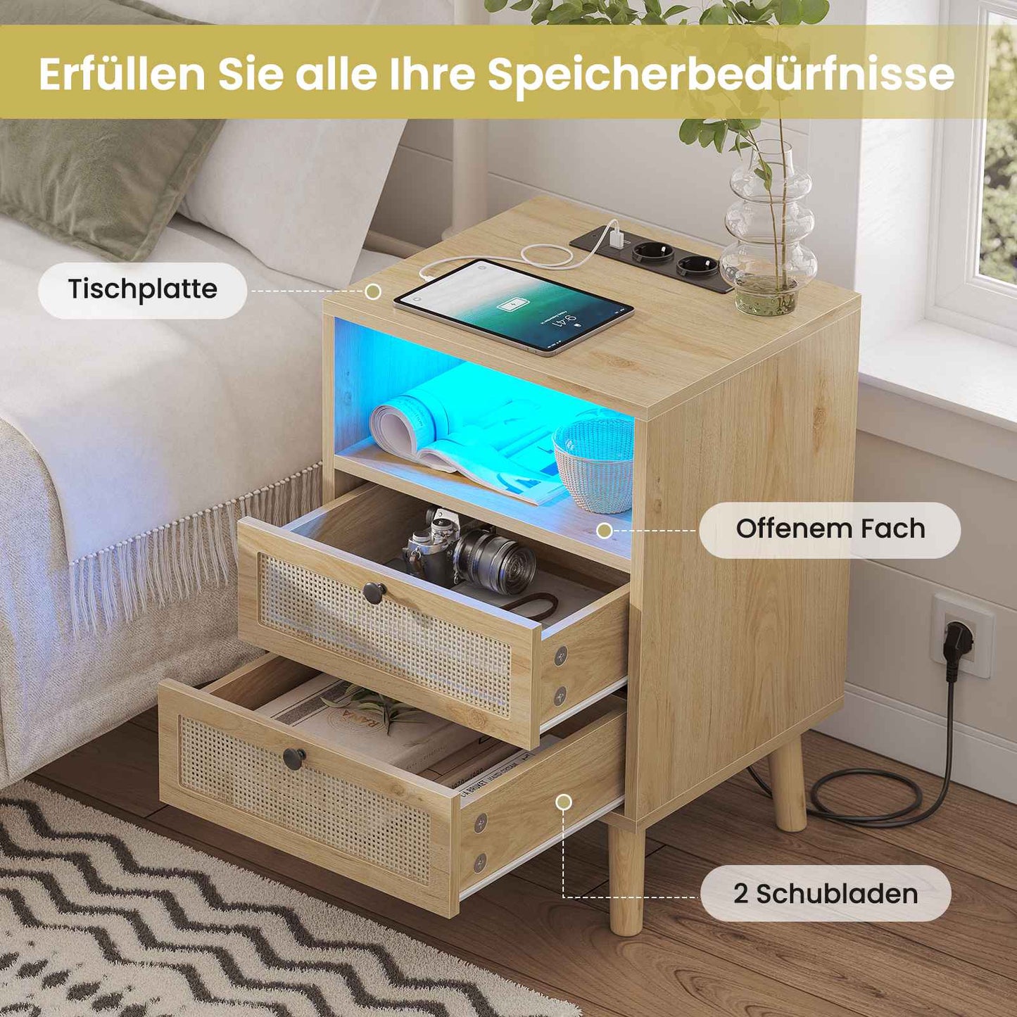 AOGLLATI 1er Set Rattan Nachttisch mit USB-Ladestation & LED-Beleuchtung Nachtschrank mit Steckdose Beistelltisch mit 2 Schublade
