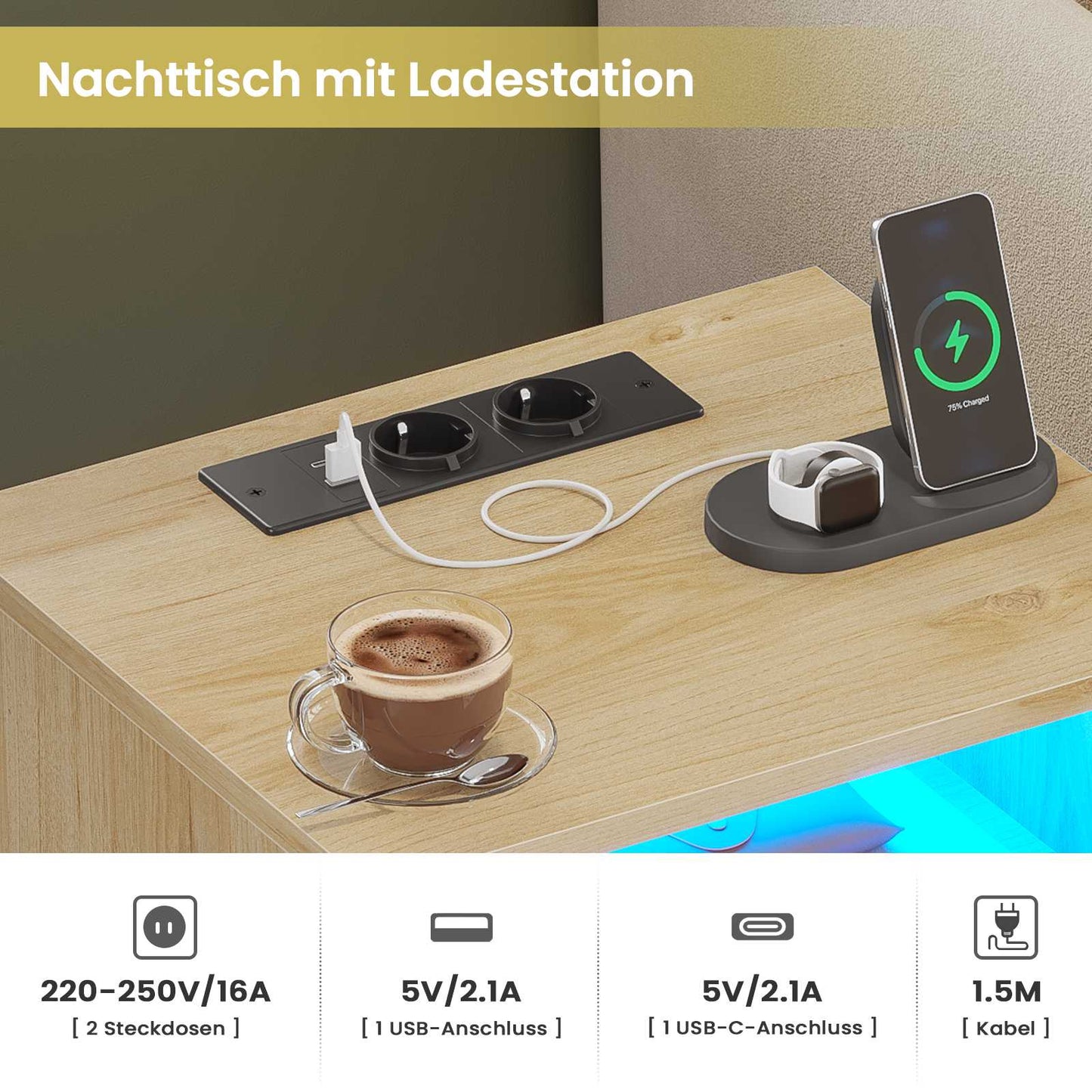 AOGLLATI 1er Set Rattan Nachttisch mit USB-Ladestation & LED-Beleuchtung Nachtschrank mit Steckdose Beistelltisch mit 2 Schublade
