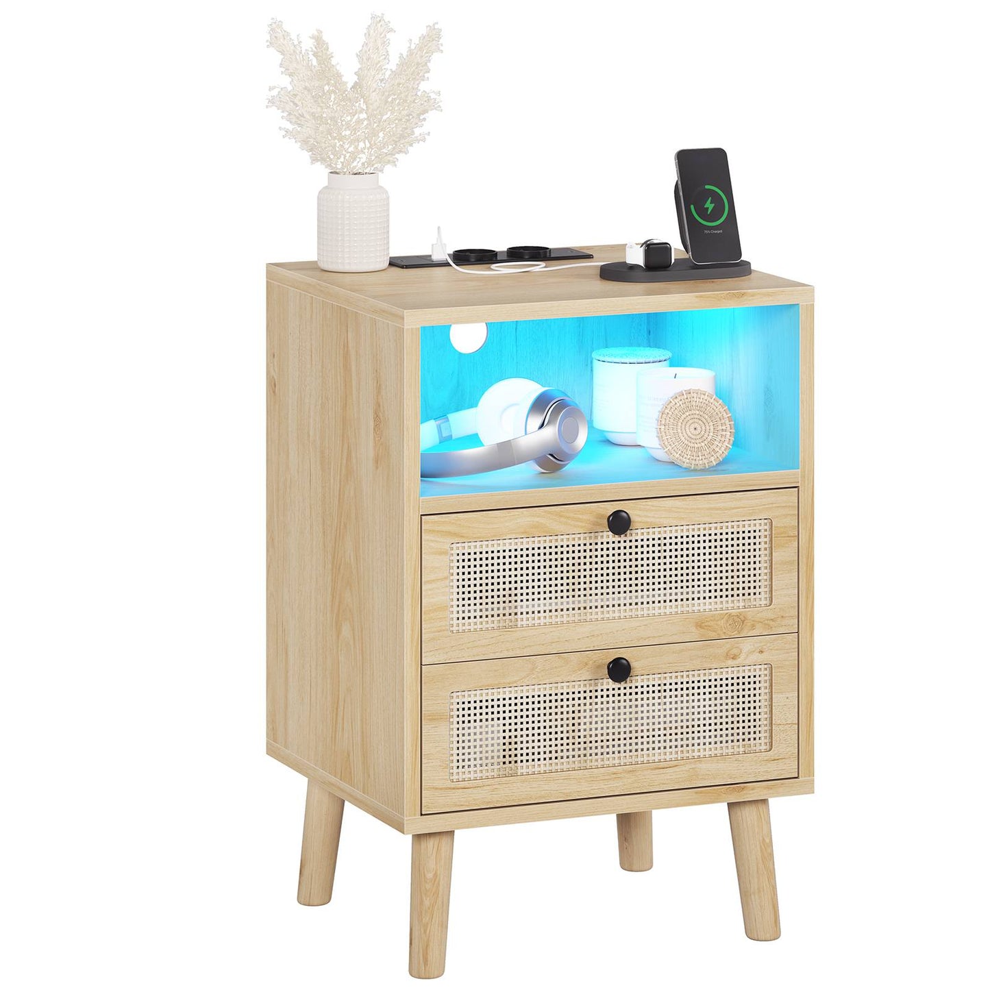 AOGLLATI 1er Set Rattan Nachttisch mit USB-Ladestation & LED-Beleuchtung Nachtschrank mit Steckdose Beistelltisch mit 2 Schublade