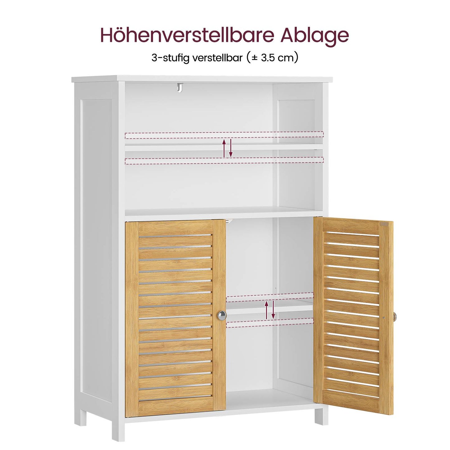 AOGLLATI Badezimmerschrank Badschrank mit Doppeltüren aus Bambus 2 offene Fächer Beistellschrank mit verstellbaren Eingeböden