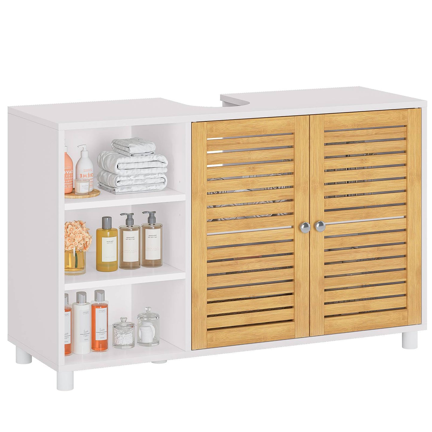 AOGLLATI Waschbeckenunterschrank Badschrank Unterschrank Badezimmerschrank mit 2 Bambustüren 3 offene Fächer höhenverstellbare Ablagen