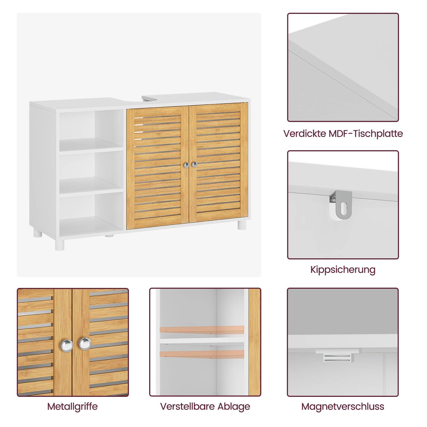 AOGLLATI Waschbeckenunterschrank Badschrank Unterschrank Badezimmerschrank mit 2 Bambustüren 3 offene Fächer höhenverstellbare Ablagen
