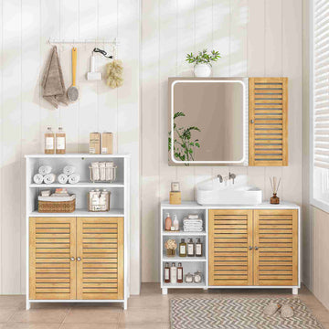 AOGLLATI Waschbeckenunterschrank Badschrank Unterschrank Badezimmerschrank mit 2 Bambustüren 3 offene Fächer höhenverstellbare Ablagen