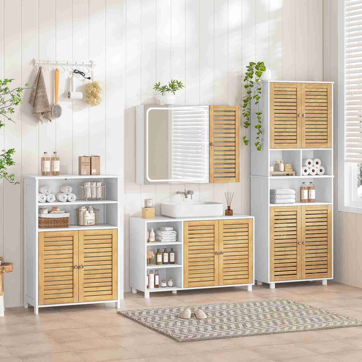 AOGLLATI Waschbeckenunterschrank Badschrank Unterschrank Badezimmerschrank mit 2 Bambustüren 3 offene Fächer höhenverstellbare Ablagen