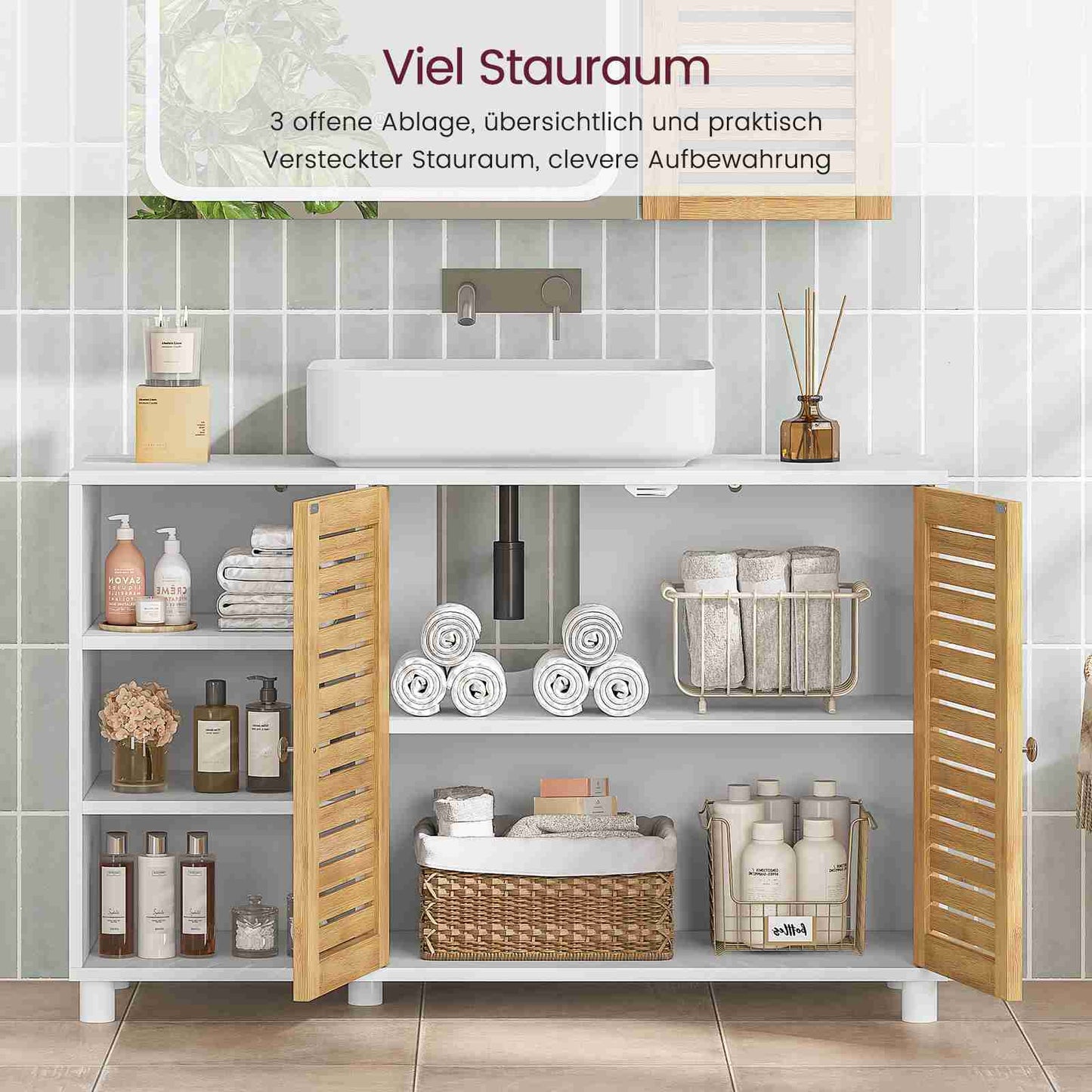 AOGLLATI Waschbeckenunterschrank Badschrank Unterschrank Badezimmerschrank mit 2 Bambustüren 3 offene Fächer höhenverstellbare Ablagen