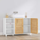 AOGLLATI Waschbeckenunterschrank Badschrank Unterschrank Badezimmerschrank mit 2 Bambustüren 3 offene Fächer höhenverstellbare Ablagen