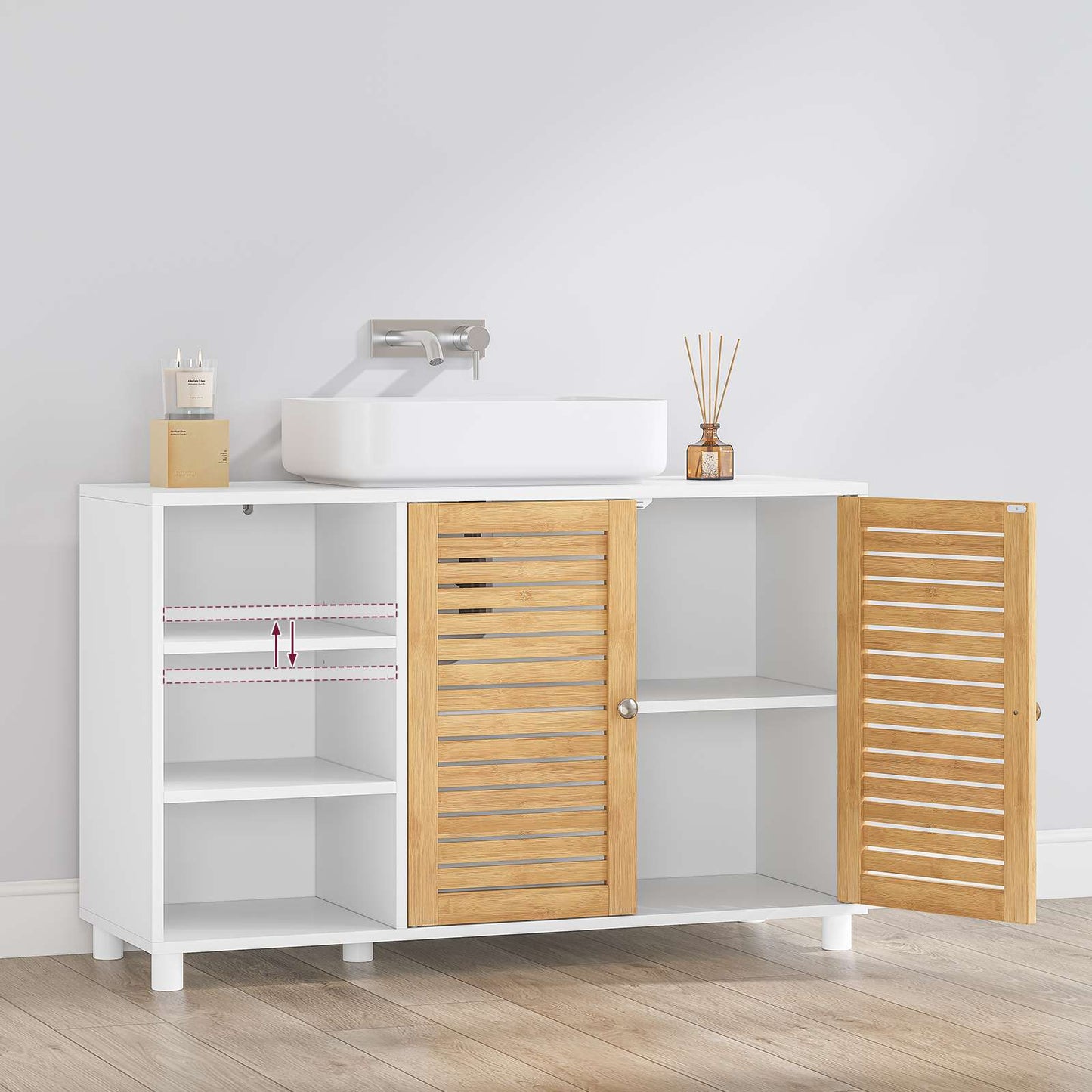 AOGLLATI Waschbeckenunterschrank Badschrank Unterschrank Badezimmerschrank mit 2 Bambustüren 3 offene Fächer höhenverstellbare Ablagen