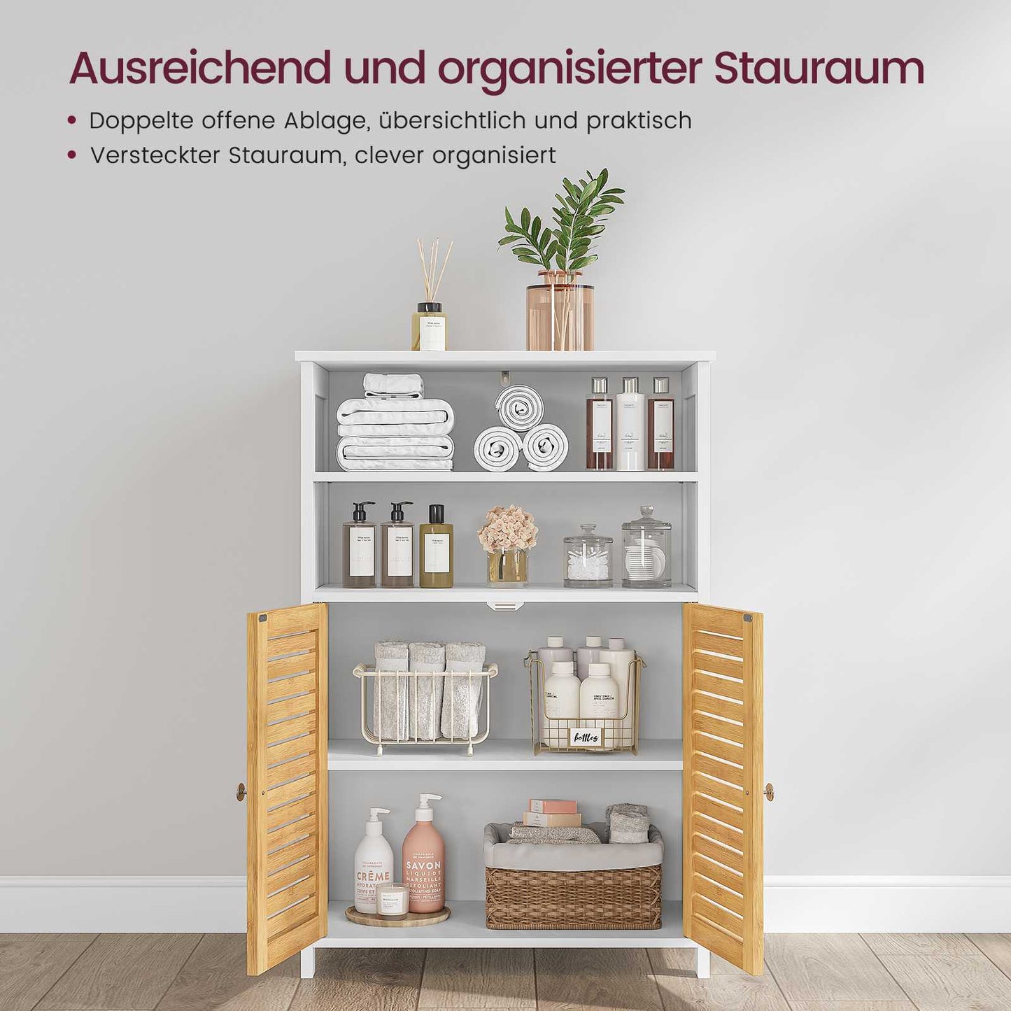 AOGLLATI Badezimmerschrank Badschrank mit Doppeltüren aus Bambus 2 offene Fächer Beistellschrank mit verstellbaren Eingeböden