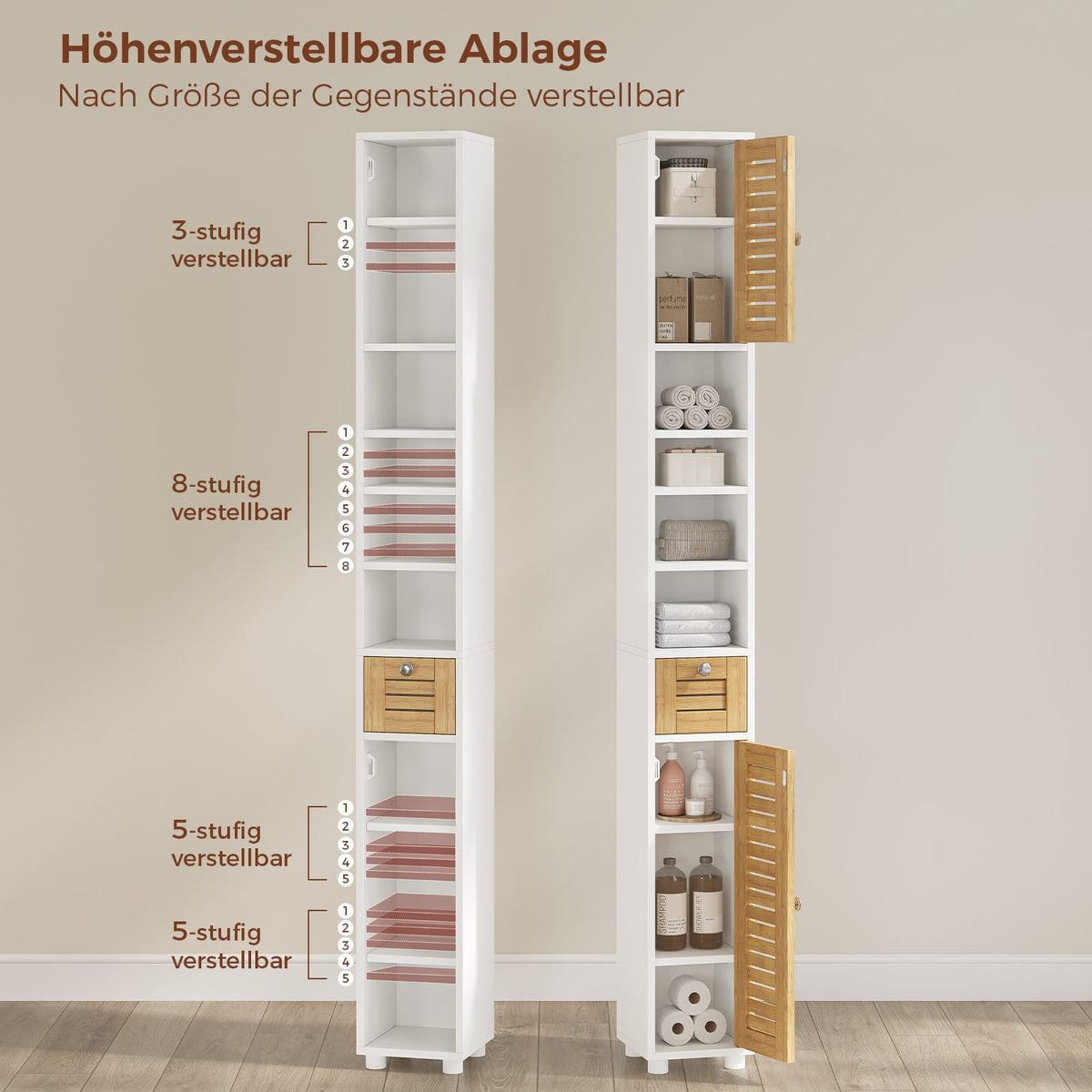 AOGLLATI Badezimmerschrank Badezimmer Hochschrank mit 4 offenen Ablagen 2 Bambustüren 1 Schublade Badschrank Schmal mit Verstellbaren Ablagen