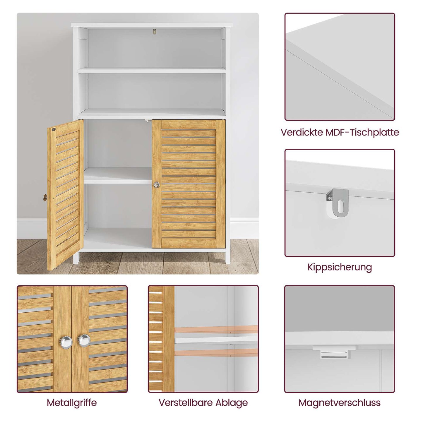 AOGLLATI Badezimmerschrank Badschrank mit Doppeltüren aus Bambus 2 offene Fächer Beistellschrank mit verstellbaren Eingeböden