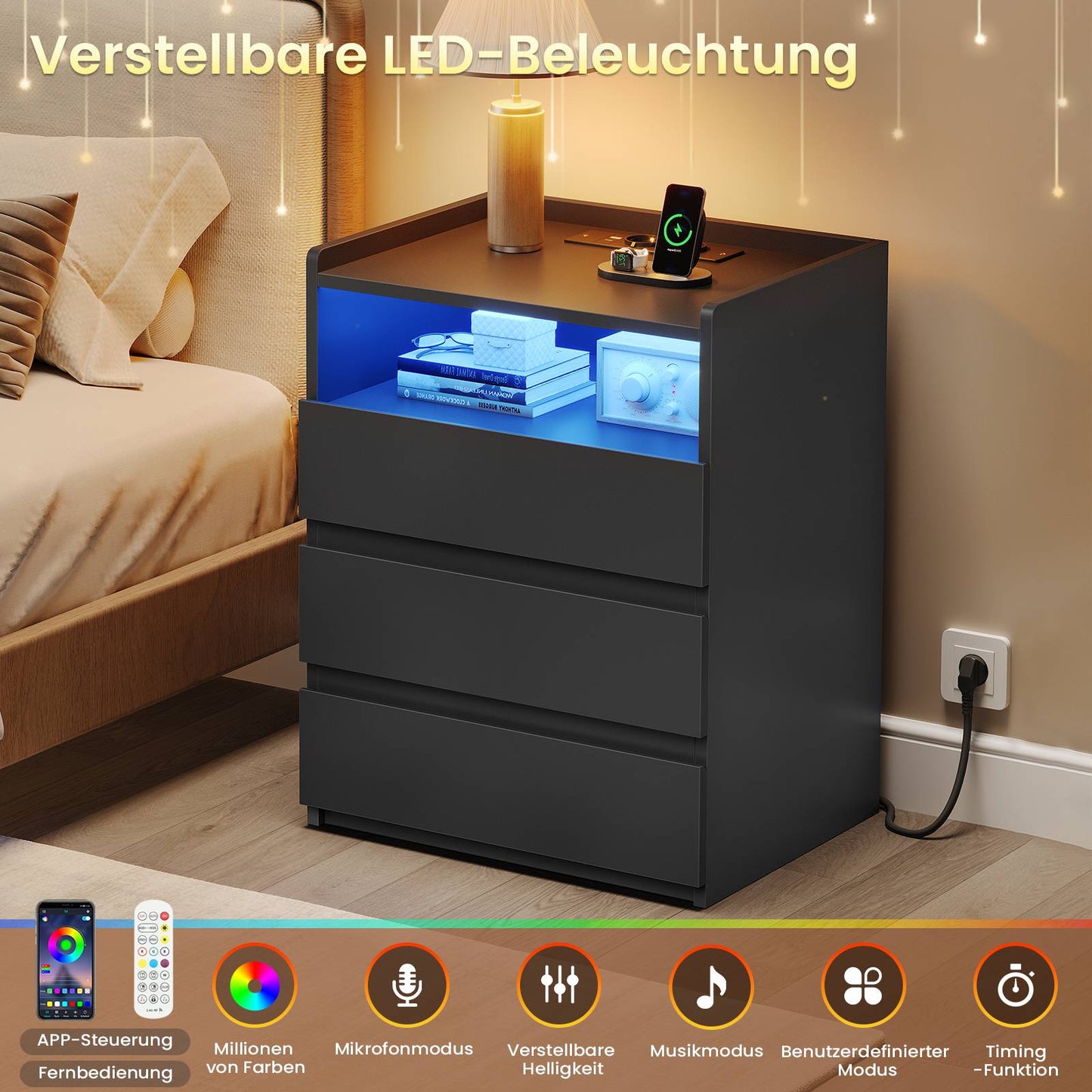 AOGLLATI Nachttisch mit Steckdosenleiste Nachtschrank mit Geräumiger Tischplatte 3 Schubladen und 1 Fach Beistelltisch mit LED-Beleuchtung
