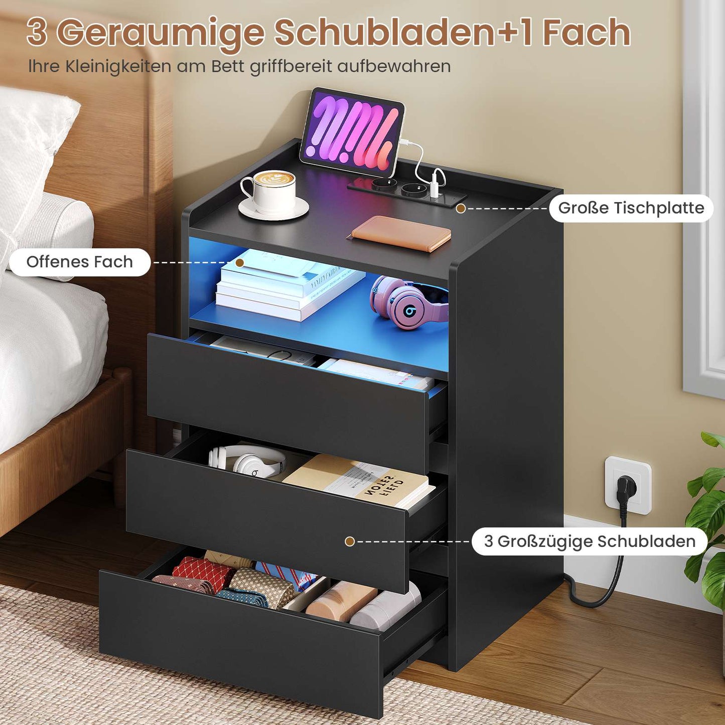 AOGLLATI Nachttisch mit Steckdosenleiste Nachtschrank mit Geräumiger Tischplatte 3 Schubladen und 1 Fach Beistelltisch mit LED-Beleuchtung
