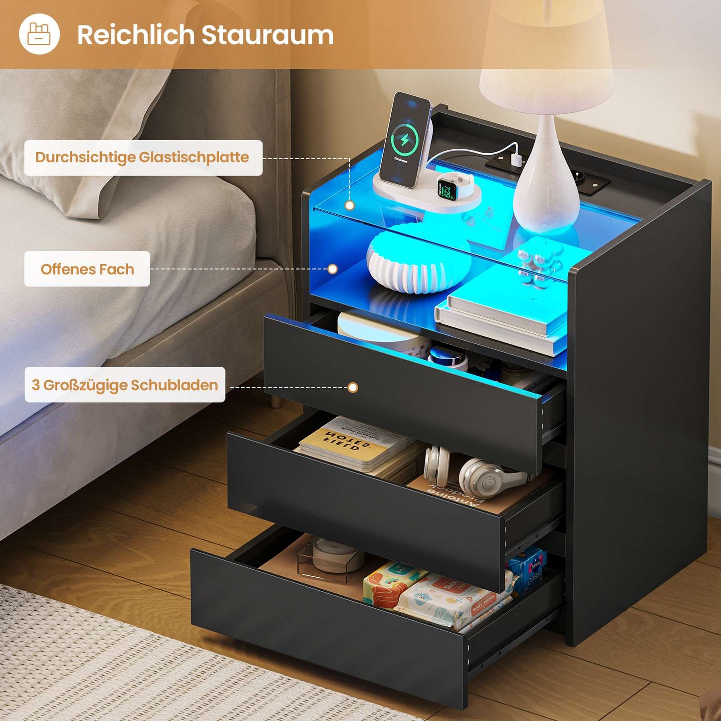 AGOLLATI Nachttisch mit Steckdosenleiste Nachtschrank mit Sichtbarer Glastischplatte 3 Schubladen und 1 Fach Beistelltisch mit LED-Beleuchtung