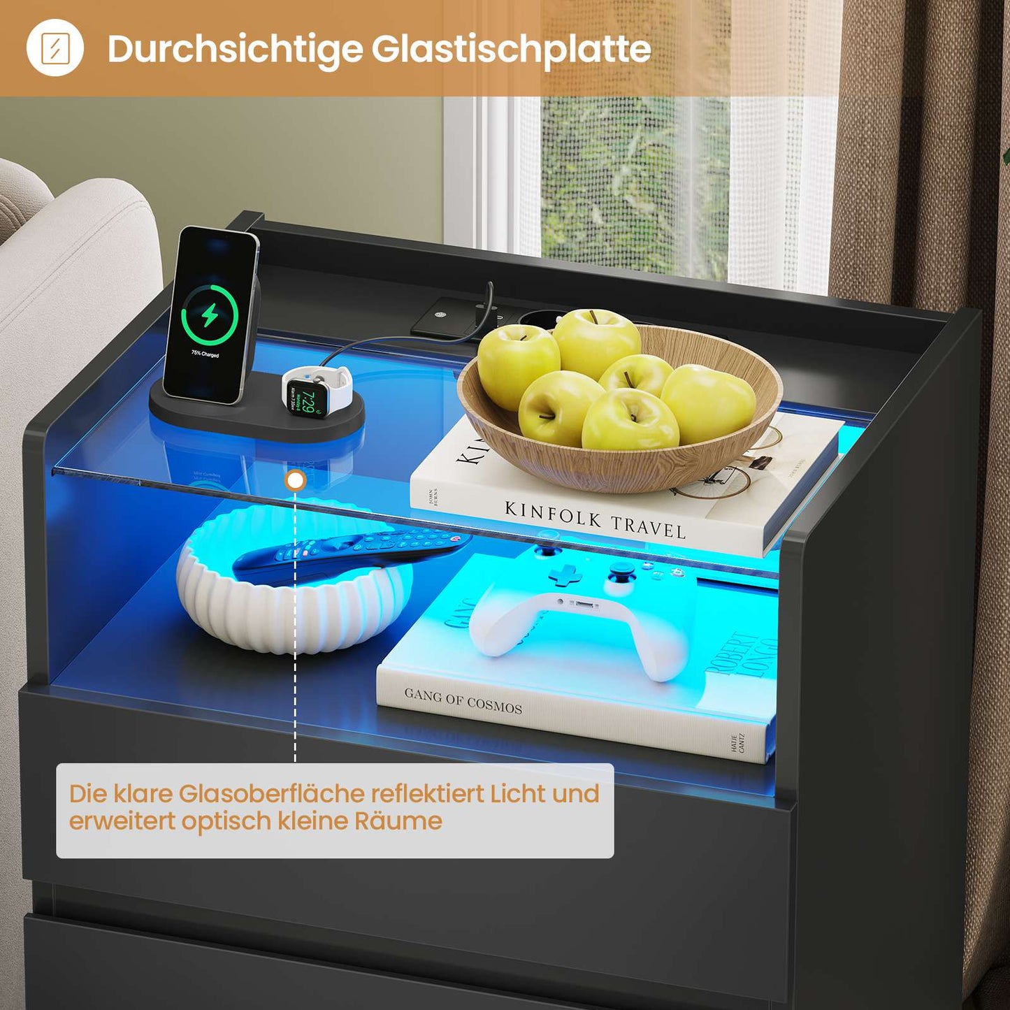 AGOLLATI Nachttisch mit Steckdosenleiste Nachtschrank mit Sichtbarer Glastischplatte 3 Schubladen und 1 Fach Beistelltisch mit LED-Beleuchtung