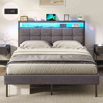 AOGLLATI Polsterbett 140x190 mit Lattenrost aus Metall mit Stauraum Bettgestell mit LED-Beleuchtung und Steckdosen MetallBett mit Kopfteil