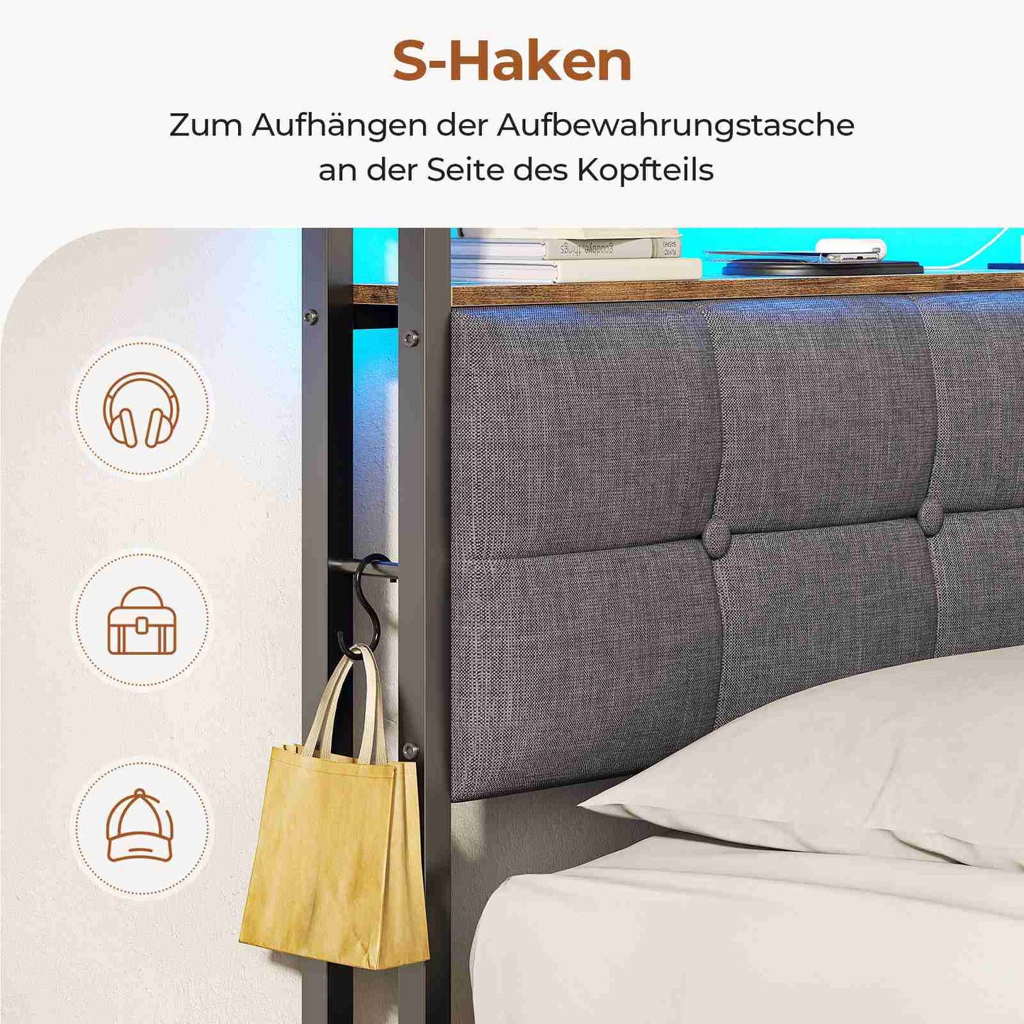 AOGLLATI Polsterbett 140x190 mit Lattenrost aus Metall mit Stauraum Bettgestell mit LED-Beleuchtung und Steckdosen MetallBett mit Kopfteil