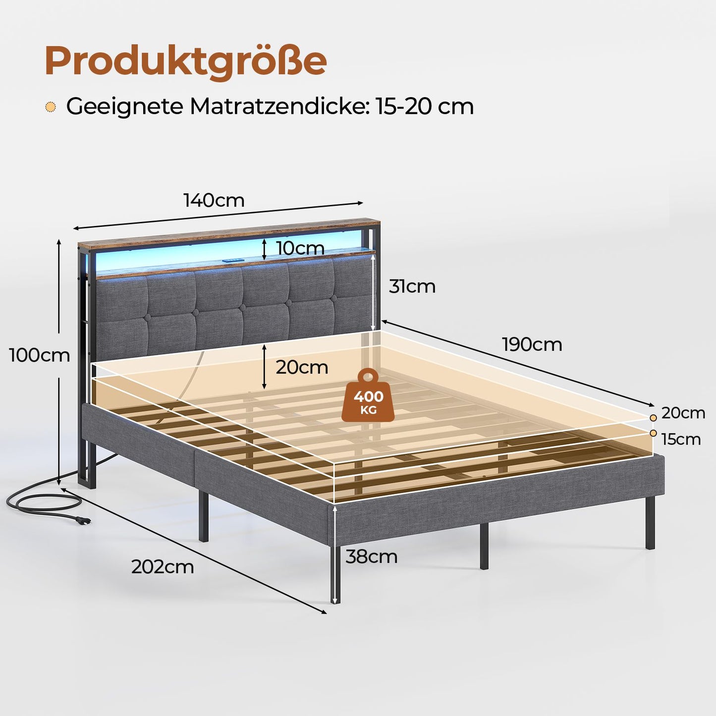 AOGLLATI Polsterbett 140x190 mit Lattenrost aus Metall mit Stauraum Bettgestell mit LED-Beleuchtung und Steckdosen MetallBett mit Kopfteil