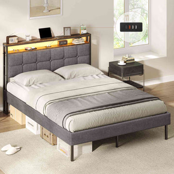 AOGLLATI Polsterbett 140x190 mit Lattenrost aus Metall mit Stauraum Bettgestell mit LED-Beleuchtung und Steckdosen MetallBett mit Kopfteil