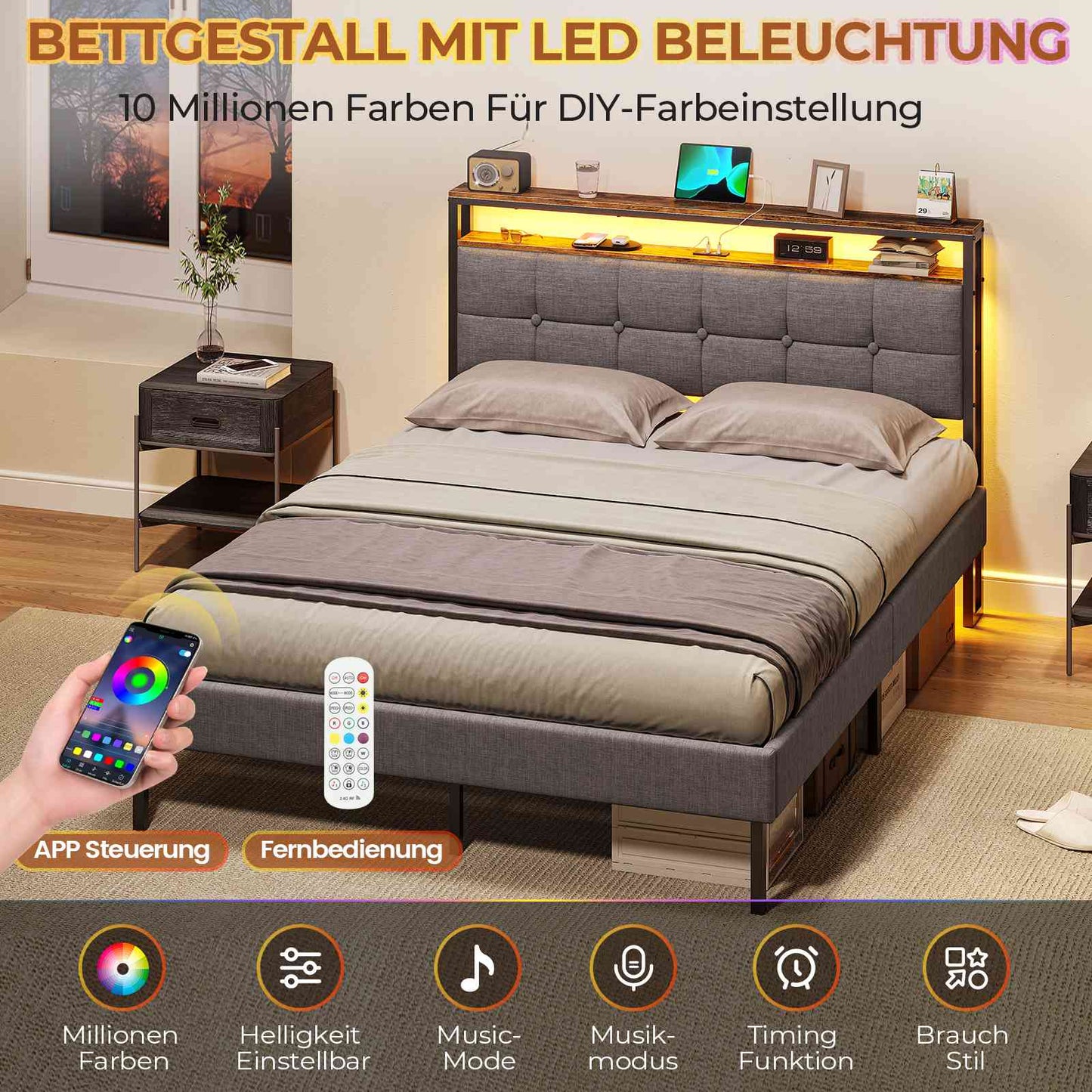 AOGLLATI Polsterbett 140x190 mit Lattenrost aus Metall mit Stauraum Bettgestell mit LED-Beleuchtung und Steckdosen MetallBett mit Kopfteil