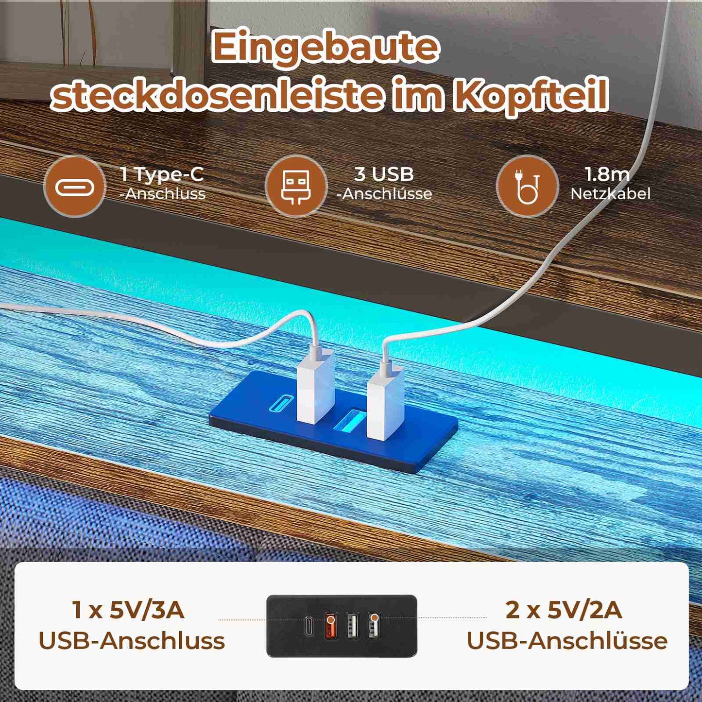 AOGLLATI Polsterbett 140x190 mit Lattenrost aus Metall mit Stauraum Bettgestell mit LED-Beleuchtung und Steckdosen MetallBett mit Kopfteil