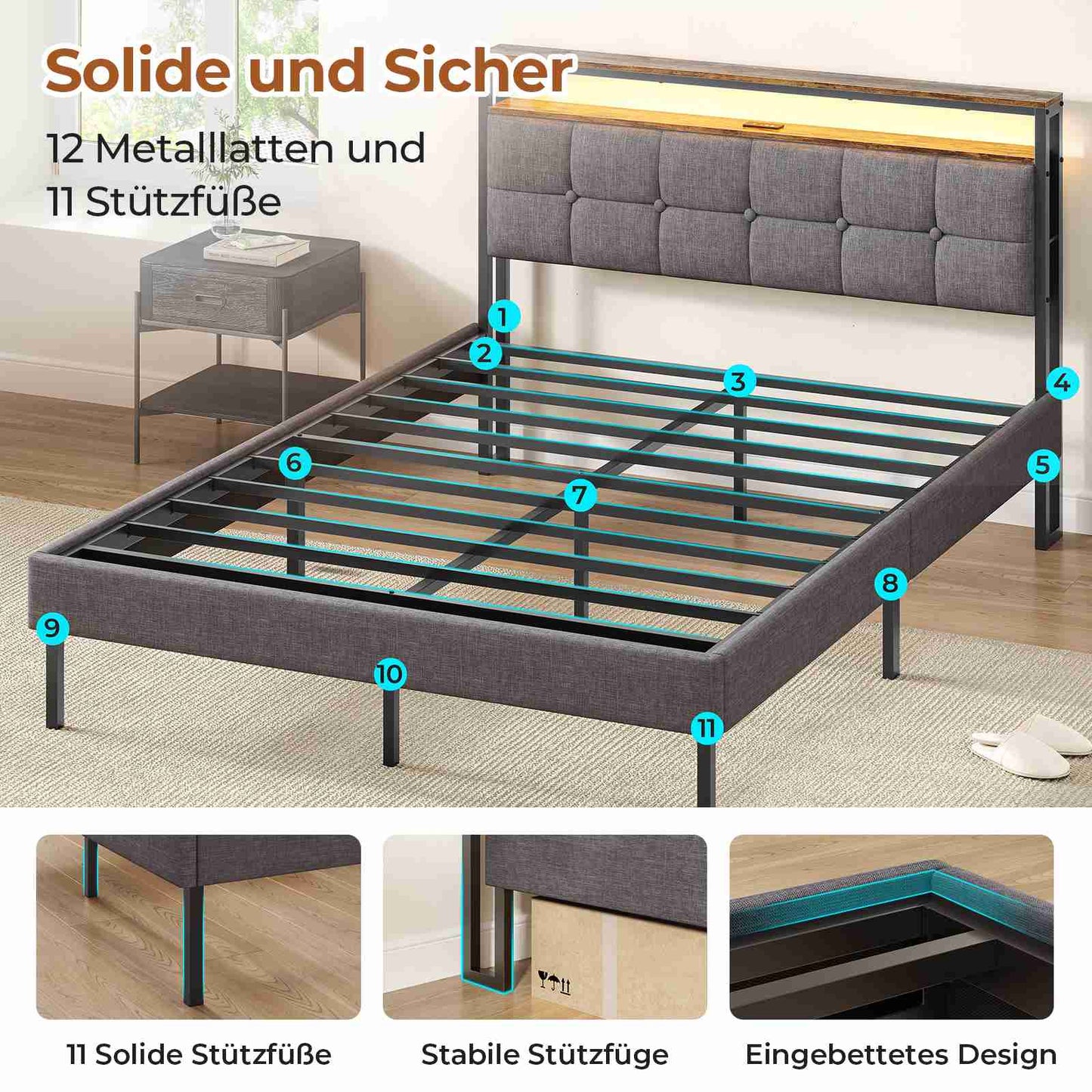 AOGLLATI Polsterbett 140x190 mit Lattenrost aus Metall mit Stauraum Bettgestell mit LED-Beleuchtung und Steckdosen MetallBett mit Kopfteil