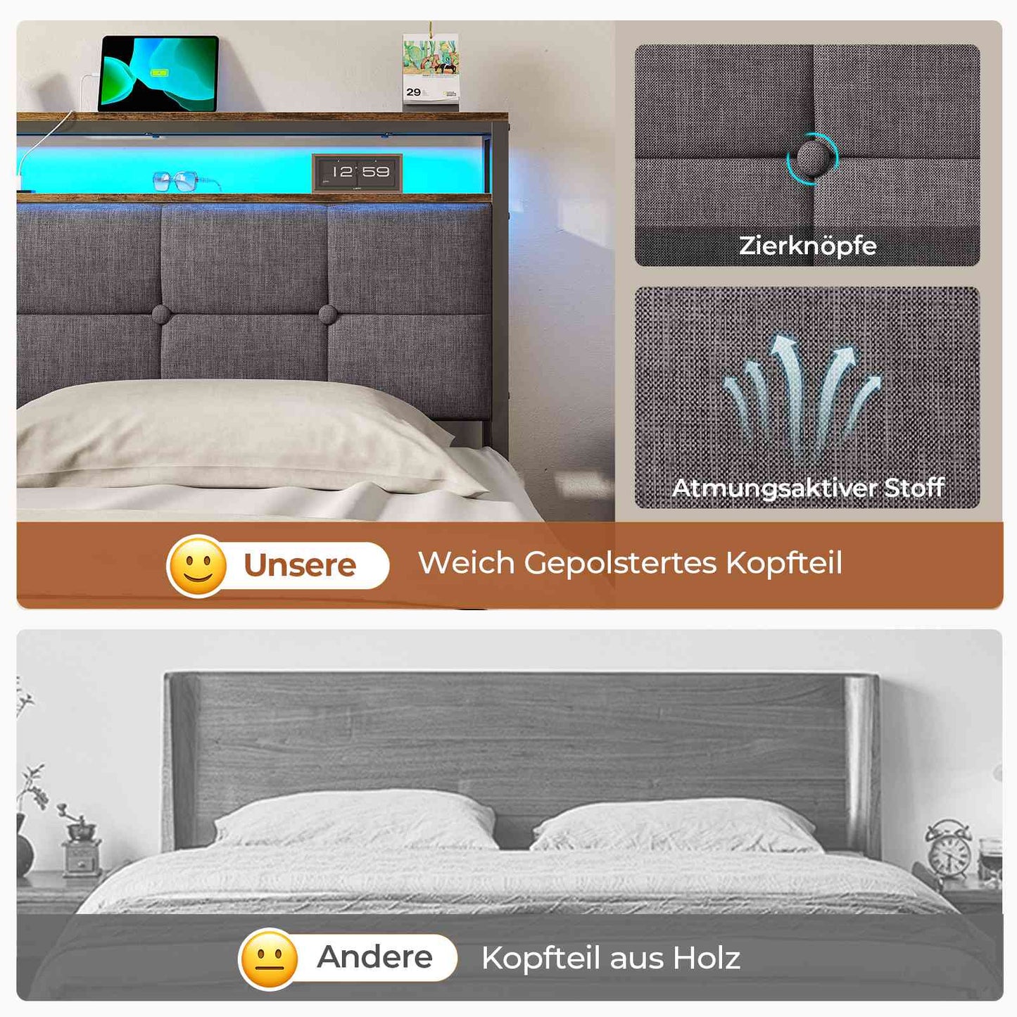 AOGLLATI Polsterbett 140x190 mit Lattenrost aus Metall mit Stauraum Bettgestell mit LED-Beleuchtung und Steckdosen MetallBett mit Kopfteil