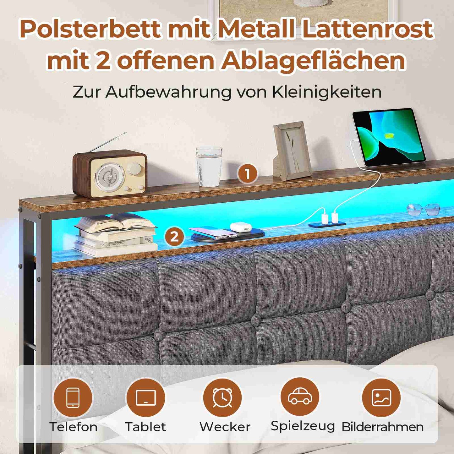 AOGLLATI Polsterbett 140x190 mit Lattenrost aus Metall mit Stauraum Bettgestell mit LED-Beleuchtung und Steckdosen MetallBett mit Kopfteil