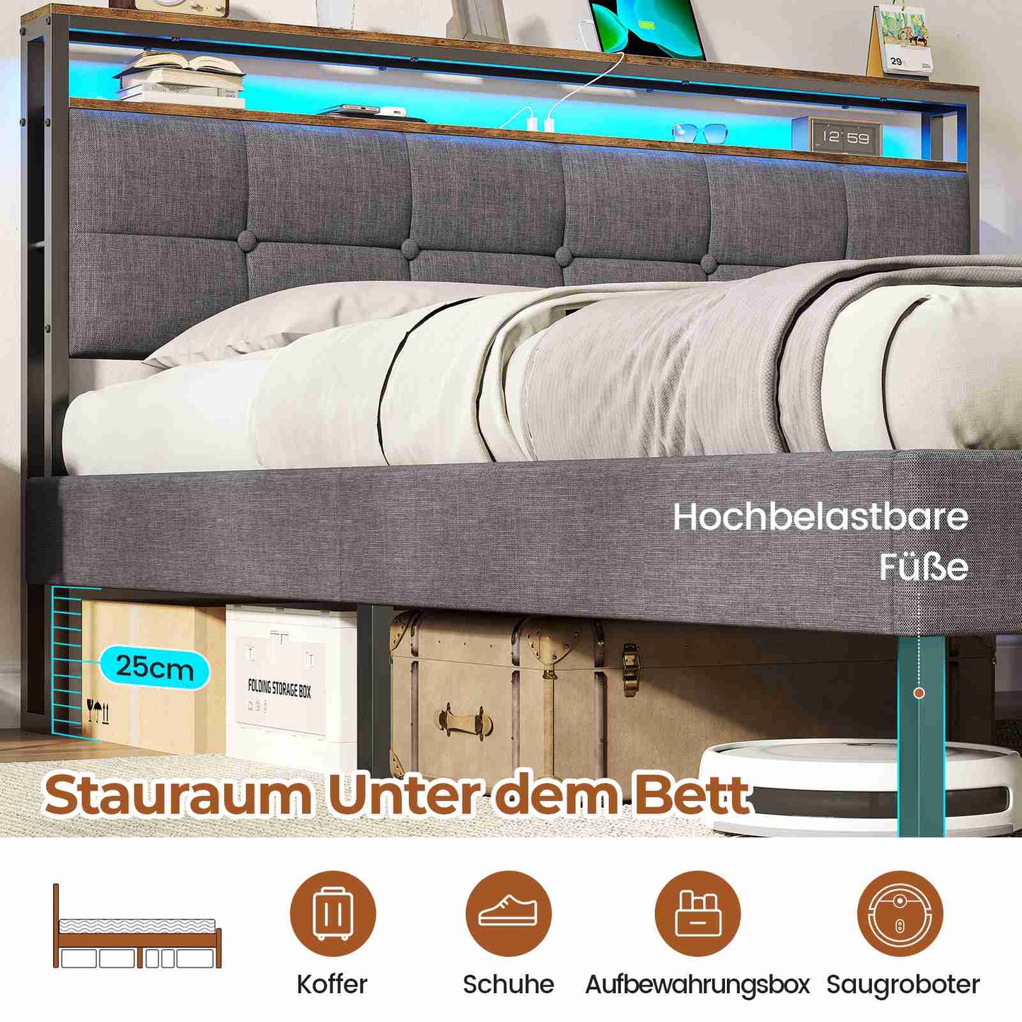AOGLLATI Polsterbett 140x190 mit Lattenrost aus Metall mit Stauraum Bettgestell mit LED-Beleuchtung und Steckdosen MetallBett mit Kopfteil