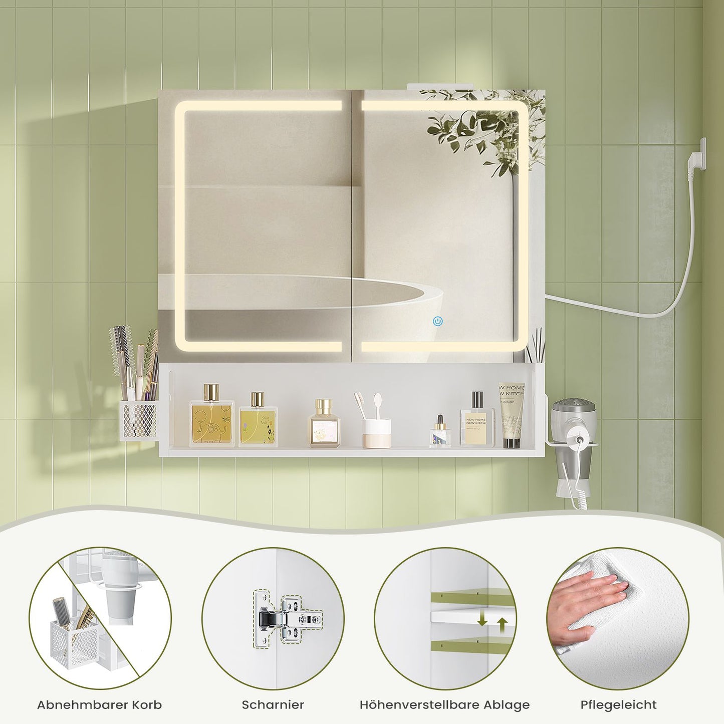AOGLLATI Badezimmer Spiegelschrank mit LED-Beleuchtung & Steckdose 70 cm Breit Spiegelschrank Bad mit HD Spiegel  3 Farbtemperatur dimmbare