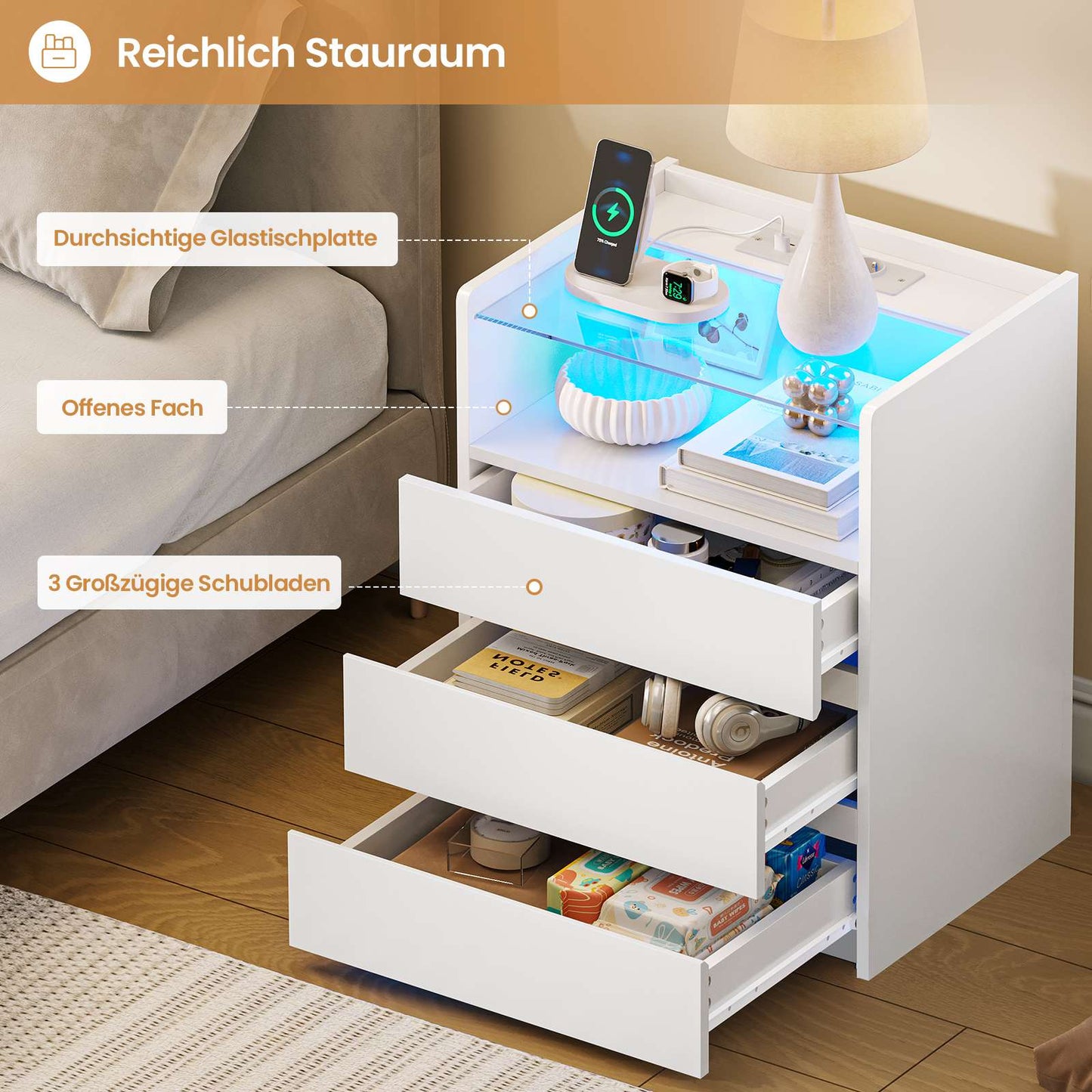AGOLLATI Nachttisch mit Steckdosenleiste Nachtschrank mit Sichtbarer Glastischplatte 3 Schubladen und 1 Fach Beistelltisch mit LED-Beleuchtung