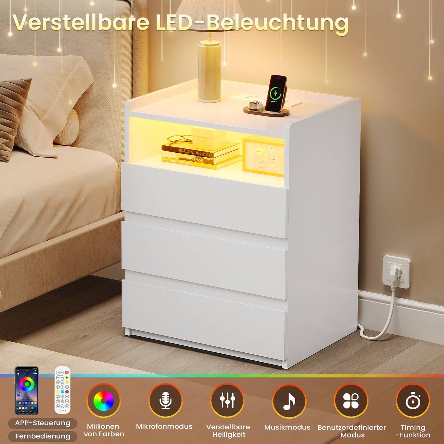 AOGLLATI Nachttisch mit Steckdosenleiste Nachtschrank mit Geräumiger Tischplatte 3 Schubladen und 1 Fach Beistelltisch mit LED-Beleuchtung