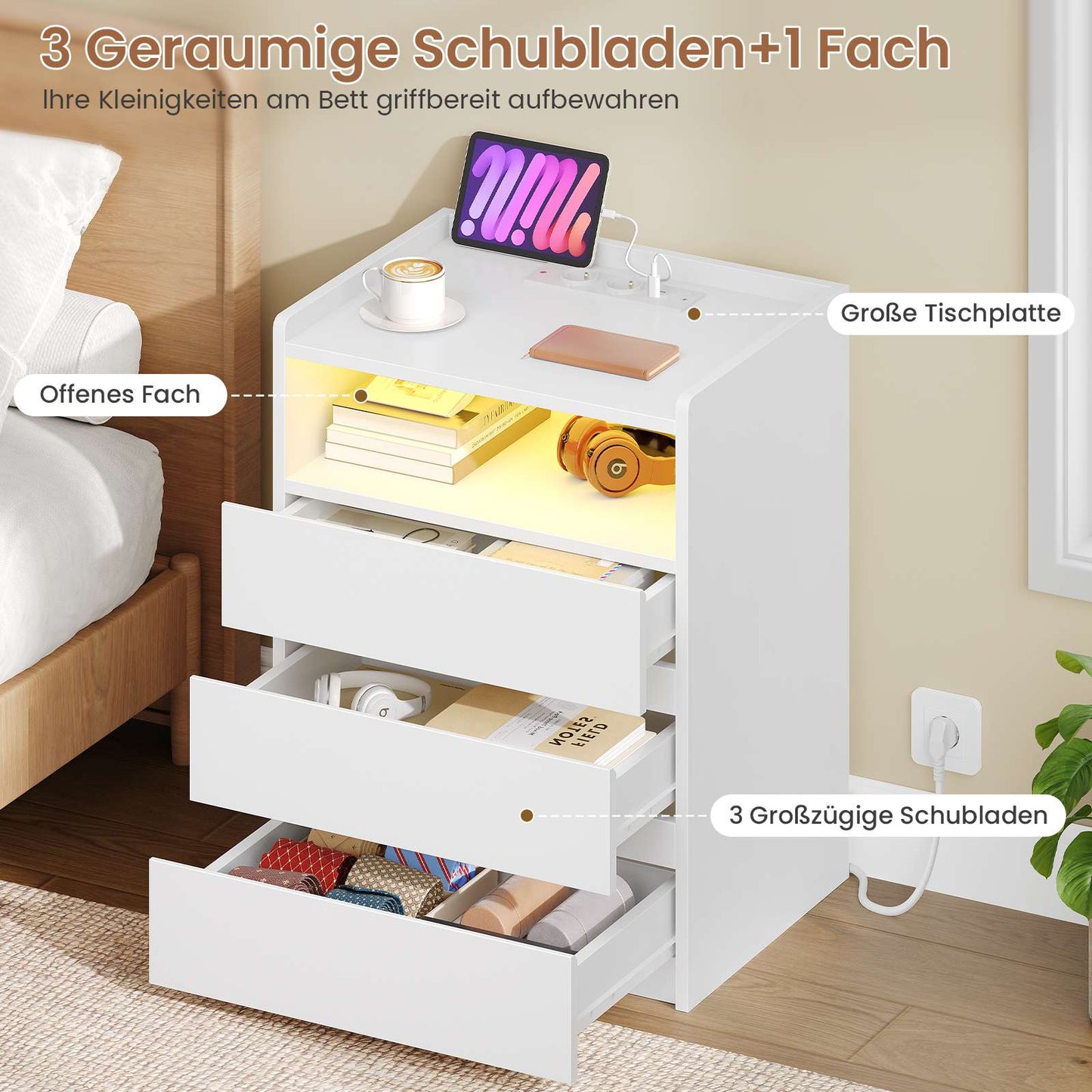 AOGLLATI Nachttisch mit Steckdosenleiste Nachtschrank mit Geräumiger Tischplatte 3 Schubladen und 1 Fach Beistelltisch mit LED-Beleuchtung