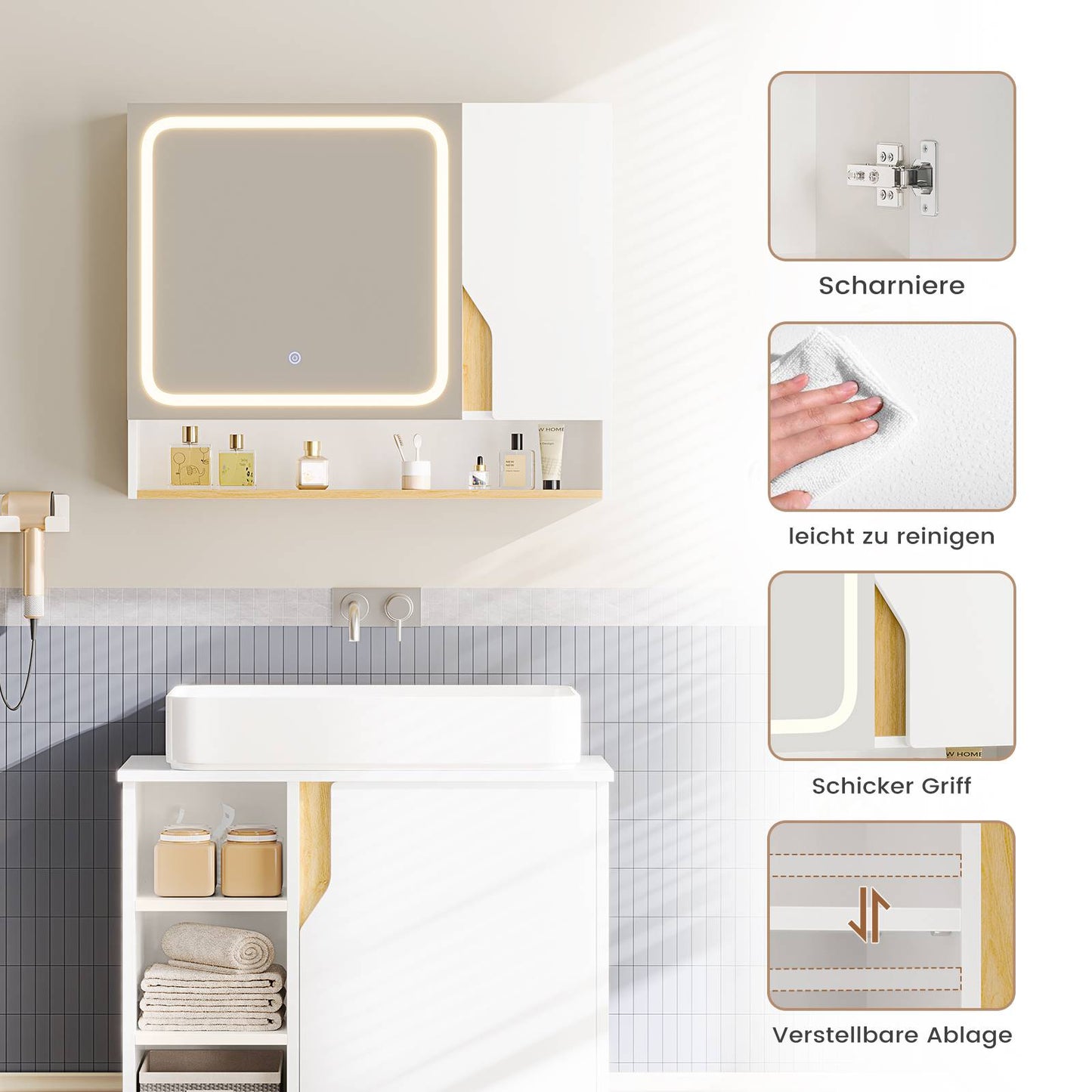 AOGLLATI Spiegelschrank Bad mit LED Beleuchtung 80 cm Breit Badezimmer Spiegelschrank mit HD Spiegel & Verstellbarem Regal