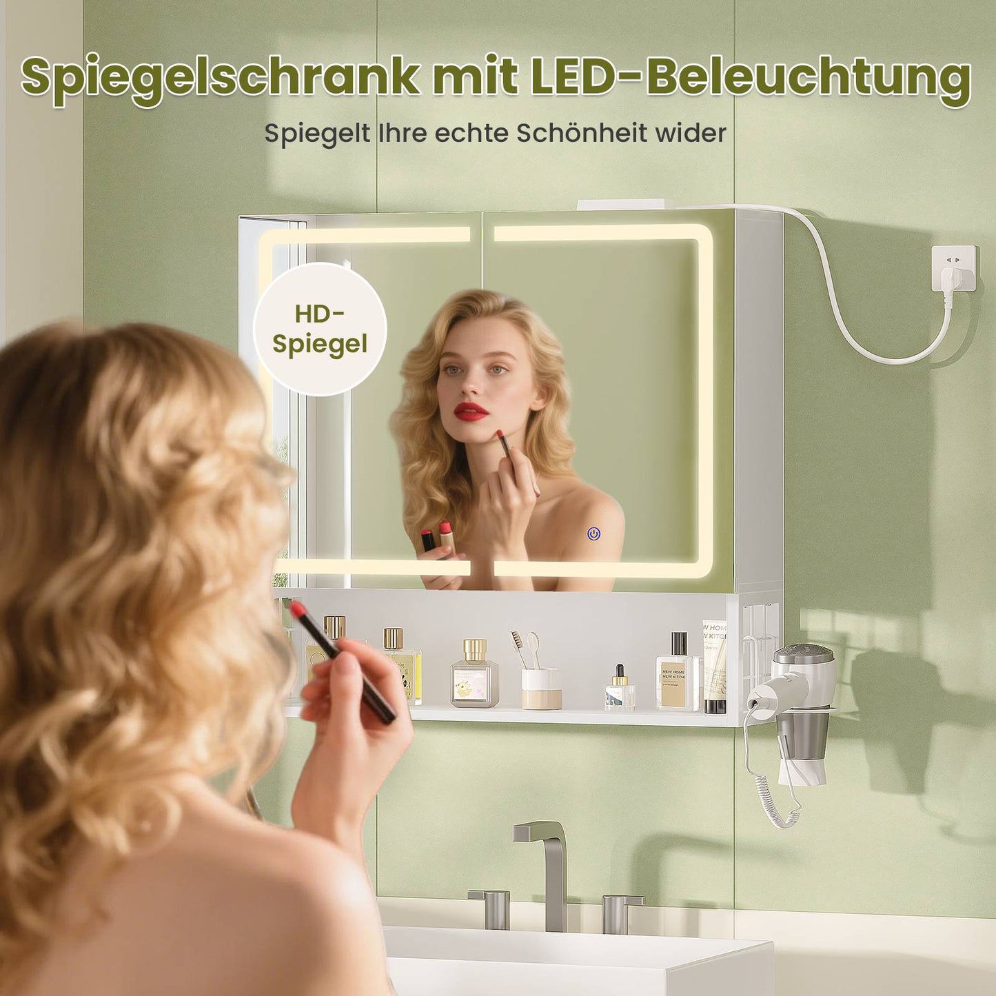 AOGLLATI Badezimmer Spiegelschrank mit LED-Beleuchtung & Steckdose 70 cm Breit Spiegelschrank Bad mit HD Spiegel  3 Farbtemperatur dimmbare