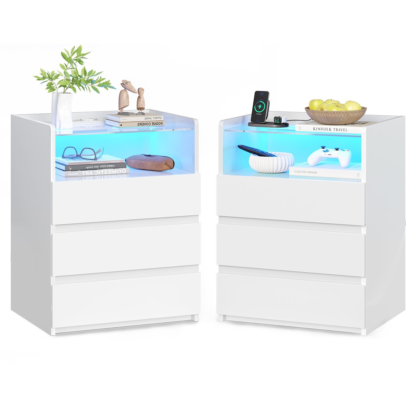AGOLLATI Nachttisch mit Steckdosenleiste Nachtschrank mit Sichtbarer Glastischplatte 3 Schubladen und 1 Fach Beistelltisch mit LED-Beleuchtung