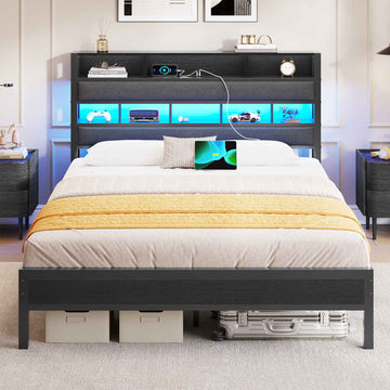 AOGLLATI Bett 140×200 mit LED Beleuchtung & Ladestation (3 USB&1 Typ-C-Anschluss),Metallbett mit Lattenrost Bettgestell mit Stauraum Kopfteil