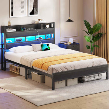 AOGLLATI Bett 140×200 mit LED Beleuchtung & Ladestation (3 USB&1 Typ-C-Anschluss),Metallbett mit Lattenrost Bettgestell mit Stauraum Kopfteil