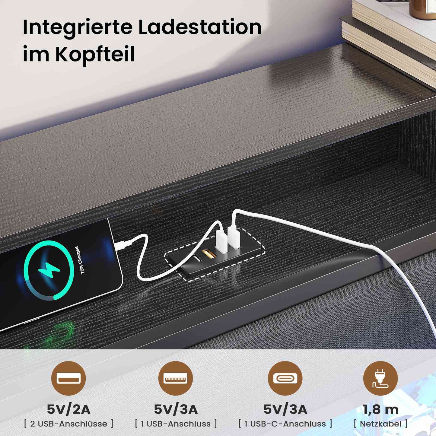 AOGLLATI Bett 140×200 mit LED Beleuchtung & Ladestation (3 USB&1 Typ-C-Anschluss),Metallbett mit Lattenrost Bettgestell mit Stauraum Kopfteil