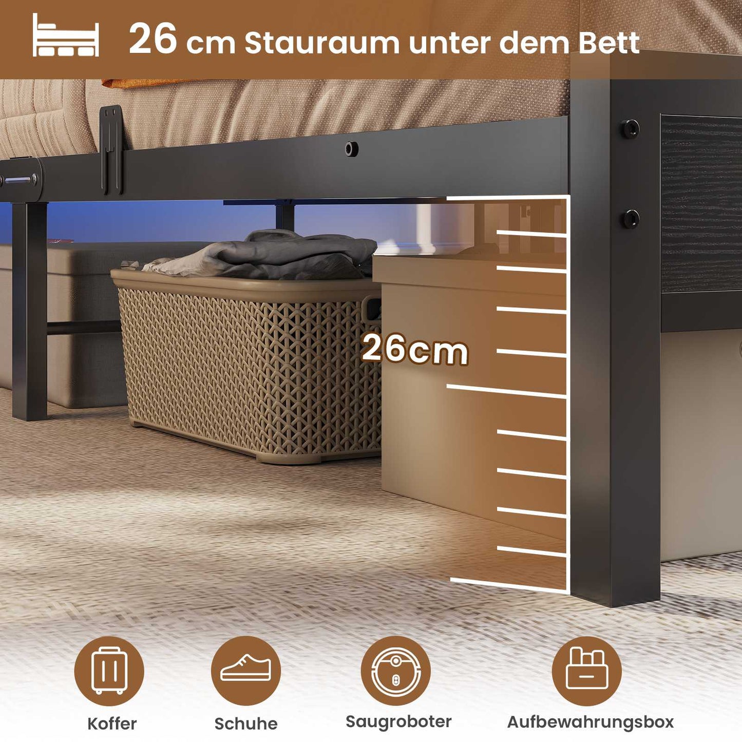 AOGLLATI Bett 140×200 mit LED Beleuchtung & Ladestation (3 USB&1 Typ-C-Anschluss),Metallbett mit Lattenrost Bettgestell mit Stauraum Kopfteil