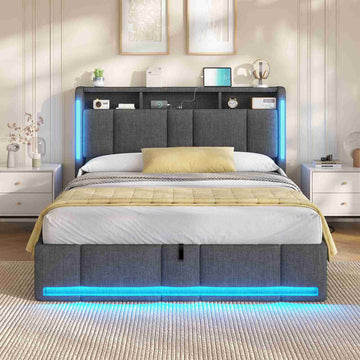 AOGLLATI Polsterbett Doppelbett 140x200 mit bettkasten mit LED Beleuchtung & Steckdosen mit Stauraum Kopfteil