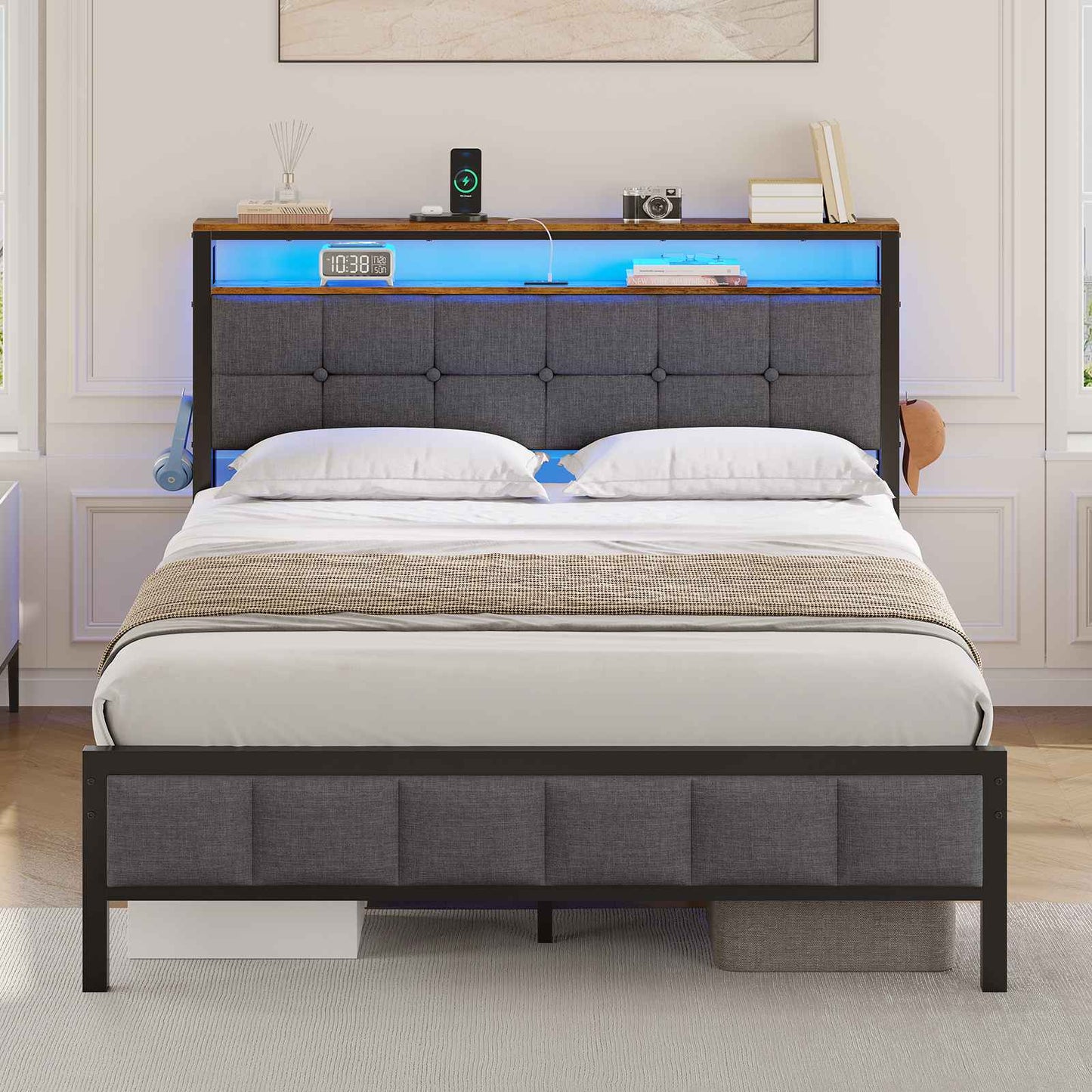 AOGLLATI Polsterbett 140×190 mit Ladestation mit LED-Beleuchtung Bettgestell mit Lattenrost Metallbett mit Kopfteil aus Leinenstoff