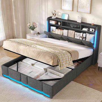 AOGLLATI Polsterbett Doppelbett 140x200 mit bettkasten mit LED Beleuchtung & Steckdosen mit Stauraum Kopfteil