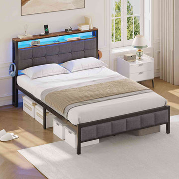 AOGLLATI Polsterbett 140×190 mit Ladestation mit LED-Beleuchtung Bettgestell mit Lattenrost Metallbett mit Kopfteil aus Leinenstoff