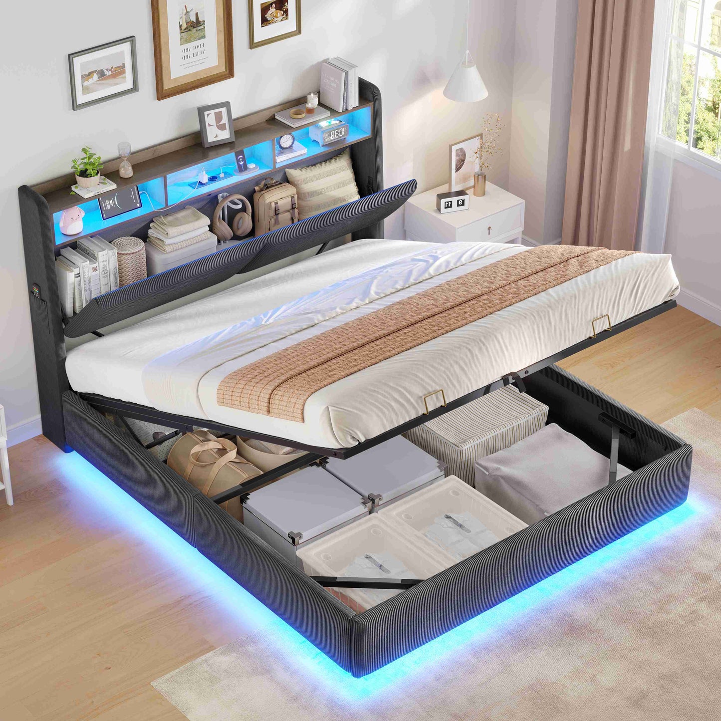 AOGLLATI Hydraulisches Stauraumbett mit LED Beleuchtung und Steckdosen mit Stauraum Kopfteil mit HolzLattenrost & USB-Ladefunktion