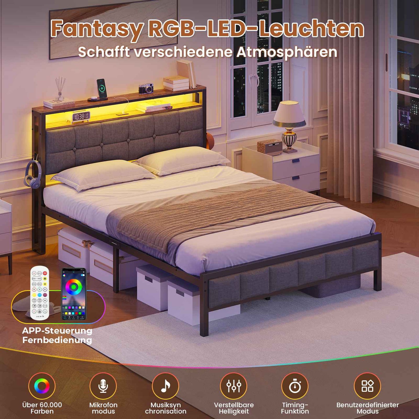 AOGLLATI Polsterbett 140×190 mit Ladestation mit LED-Beleuchtung Bettgestell mit Lattenrost Metallbett mit Kopfteil aus Leinenstoff