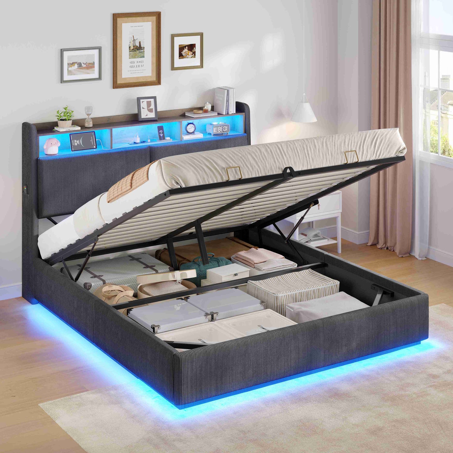 AOGLLATI Hydraulisches Stauraumbett mit LED Beleuchtung und Steckdosen mit Stauraum Kopfteil mit HolzLattenrost & USB-Ladefunktion
